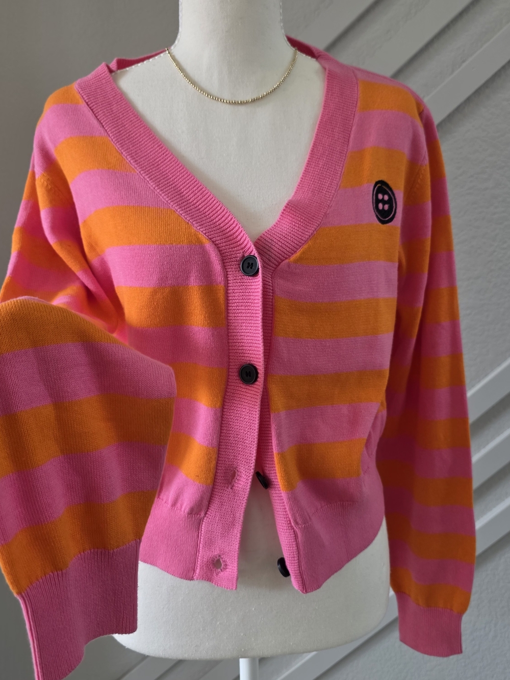 Women's Striped Knit Sweater with Doll Patch - Pink & Orange - Picture 4 of 10